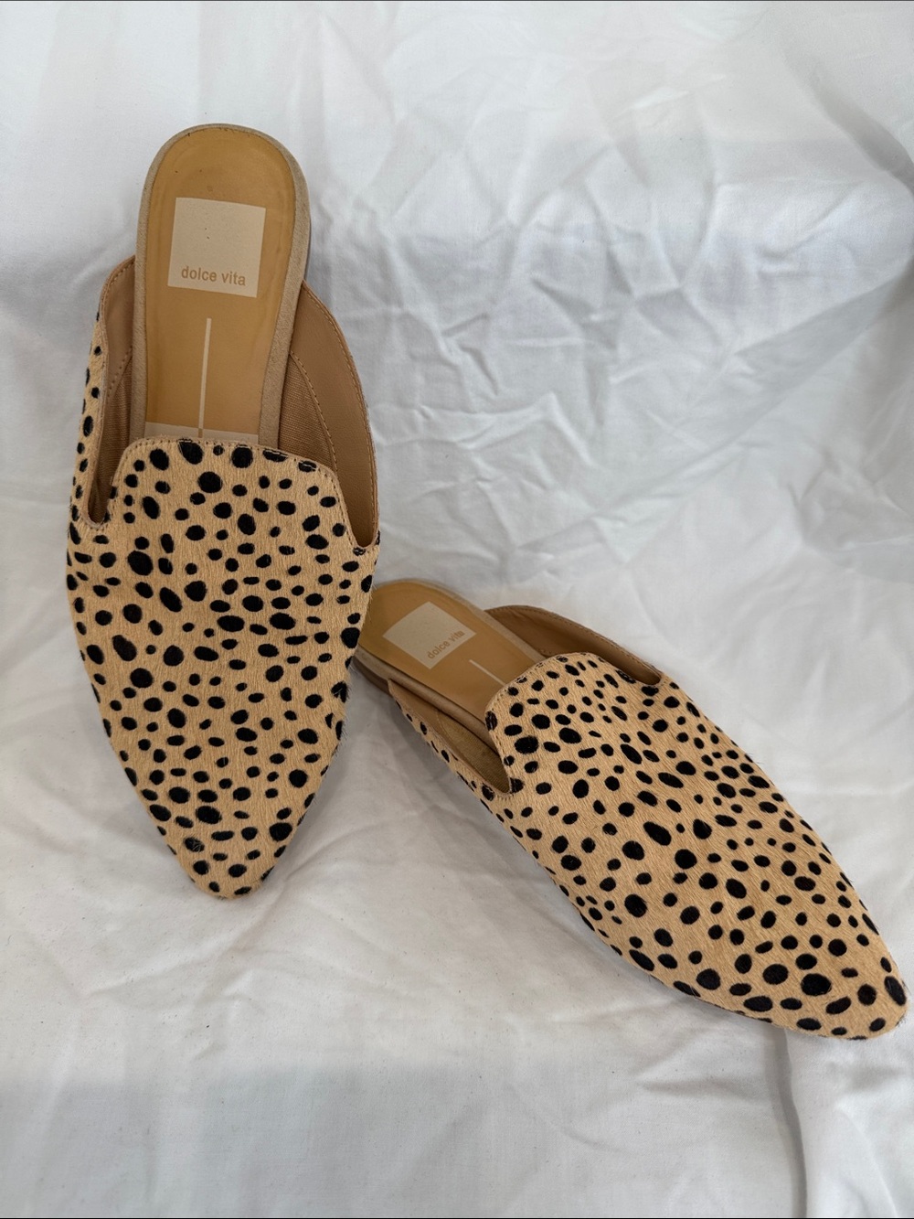 Dolce Vita Tan and Black Spotted Pointed-Toe Mules